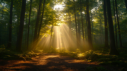 Obraz premium Forest at sunrise golden light.