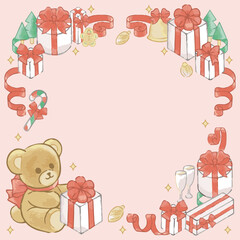 クリスマス　手描き　水彩　フレーム　背景　かわいい　コピースペース　イラスト素材