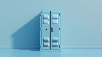 Single blue school locker against matching wall with strong shadow emphasizing individuality in education