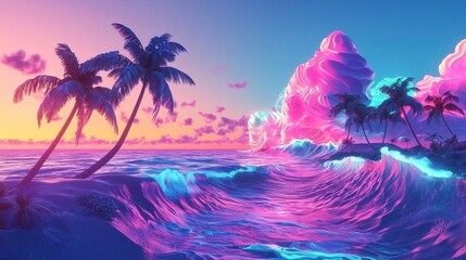 Dreamlike Tropical Sunset Landscape with Vibrant Waves and Palm Trees