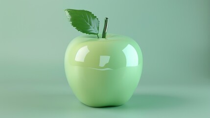 Close-up of green apple with leaf and stem on light green background emphasizing freshness and learning