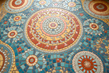 Colorful mosaic floor pattern with circular designs in blue, red, and yellow tiles