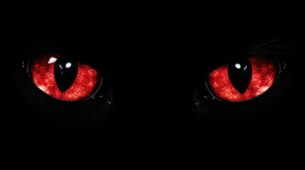 A striking pair of glowing red eyes pierces the darkness, isolated against a deep black backdrop