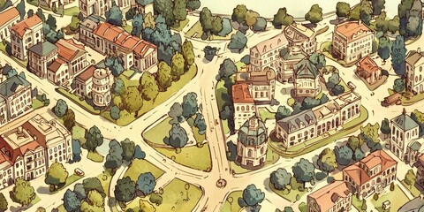 Obraz premium Enchanting Hand Drawn Aesthetic Map of a Vibrant Whimsical Town