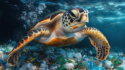 Fototapeta premium Sea Turtle Swimming in Plastic Pollution
