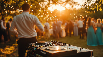 A DJ mixes songs at an outdoor wedding reception while guests dance and celebrate.