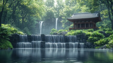 Fototapeta premium Tranquil Waterfall and Japanese Pagoda in Lush Forest