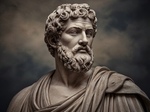 Marble sculpture of an ancient Greek philosopher with an expressive gaze