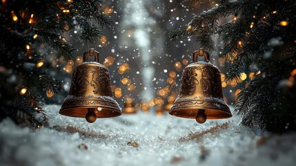 Golden Bells Hanging On Christmas Tree With Snowfall And Lights