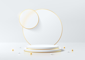 Realistic white 3D cylindrical podium background with overlap golden circles backdrop scene. Minimalist mockup pedestal, Abstract product display presentation, Stage showcase. Platforms vector design.