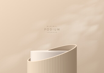 Realistic beige 3D cylindrical podium background with leaf shadow and lighting scene. Minimalist mockup pedestal, Abstract luxury product display presentation, Stage showcase. Platforms vector design.