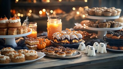 Naklejka premium Haunted dessert table with spooky brain cakes glowing pumpkin punch