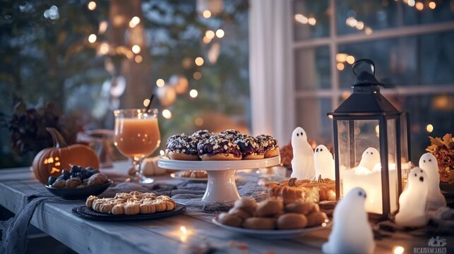 Haunted dessert table with spooky brain cakes glowing pumpkin punch