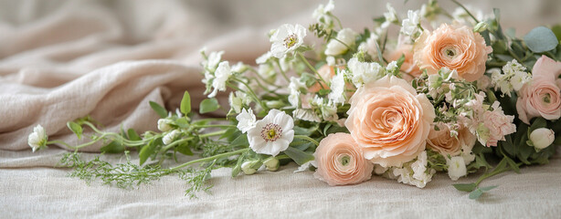 beautiful floral arrangement featuring soft peach roses, delicate white flowers, and lush greenery, creating serene and elegant atmosphere. Perfect for weddings or special occasions