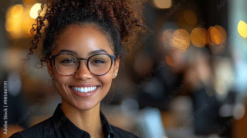 Canvas Prints Portrait of a Smiling Young Woman with Curly Hair Wearing Glasses