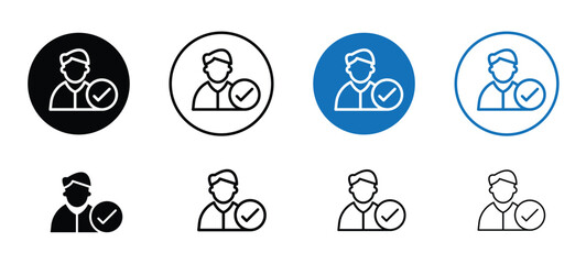 A series of attend icons of men with a check mark on them. The attend icons are in different colors and sizes, attend icons editable in different styles, reusable attend icons