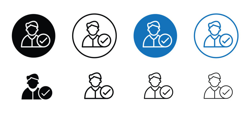 A series of attend icons of men with a check mark on them. The attend icons are in different colors and sizes, attend icons editable in different styles, reusable attend icons