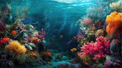 A colorful reef filled with exotic marine life, from vibrant fish to intricate coral formations, thriving under the sea