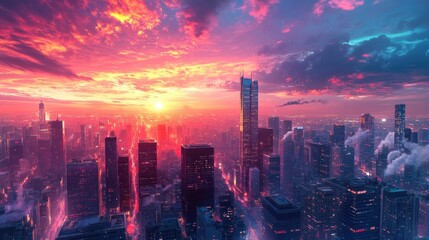 Fototapeta premium A mesmerizingly detailed and realistic photo of a colorful sunset over a vibrant and bustling city, with towering skyscrapers and twinkling lights