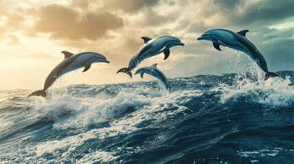 A pod of playful dolphins jumping out of the ocean, with waves crashing below and the endless horizon stretching into the distance