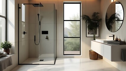 A chic bathroom featuring a modern shower and vanity combines style and functionality, creating a luxurious space for relaxation and personal care with sleek finishes and contemporary design.