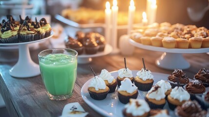 Naklejka premium Haunted Halloween banquet featuring spooky ghost-themed cupcakes glowing green monster drinks