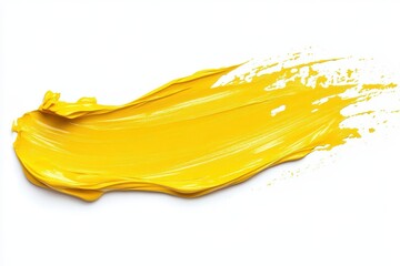 A bright yellow paint stroke on a white background, showcasing texture and color.