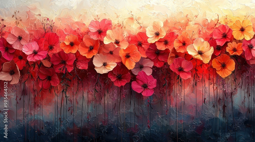 Poster abstract floral painting with red orange and yellow flowers