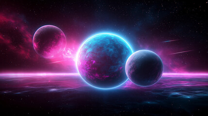 A vibrant cosmic scene featuring glowing planets in colorful nebula