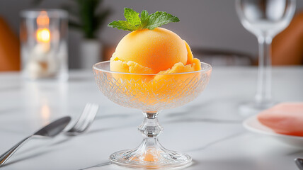 Delightful orange sorbet served in crystal glass, garnished with mint