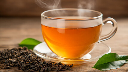 A steaming cup of tea with leaves beside it creates warm atmosphere