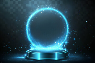 Blue hologram portal. Magic fantasy portal. Magic circle teleport podium with hologram effect. Vector blue glow rays with sparks on transparent background