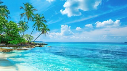 A beautiful blue tourism scene with a magnificent seaside background. The sea is a deep shade of blue, with waves gently rolling in