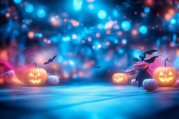 Playful Halloween with pumpkins, bats, and cute vampires holding watermelon treats