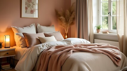 A cozy bedroom featuring plush bedding and soft lighting creates a warm and inviting atmosphere, perfect for relaxation and restful sleep in a tranquil environment.