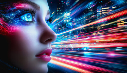Futuristic cityscape with neon lights, speeding cars, and a woman's glowing blue eyes