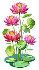 Vibrant Water Lily Illustration - Cluster of Pink and Peach Blooms on Lush Lily Pads, Symbolic of Tranquility and Beauty in Aquatic Gardens, Water Lily Vector Illustration 
