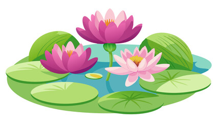 Vibrant Water Lily Illustration - Cluster of Pink and Peach Blooms on Lush Lily Pads, Symbolic of Tranquility and Beauty in Aquatic Gardens, Water Lily Vector Illustration 
