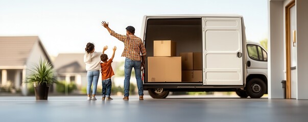 A cheerful family waves goodbye from their home as a moving van is parked outside, signaling a new beginning.