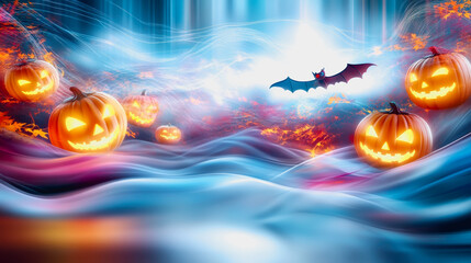 Playful Halloween with pumpkins, bats, and cute vampires holding watermelon treats