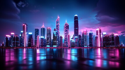 Fototapeta premium Vibrant Neon Cityscape at Night with Reflections