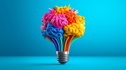 Colorful Brain Idea Light Bulb on Blue Background
