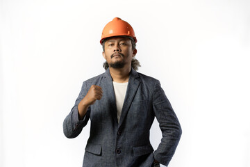 optimistic mens expressions and gestures thinking. stylish asian man with suit and orange helmet on white background. construction or mining business concept photo