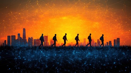 Silhouettes of People Walking Towards a Glowing Sunset Cityscape