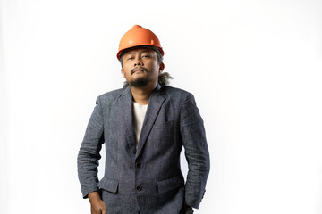 optimistic mens expressions and gestures thinking. stylish asian man with suit and orange helmet on white background. construction or mining business concept photo