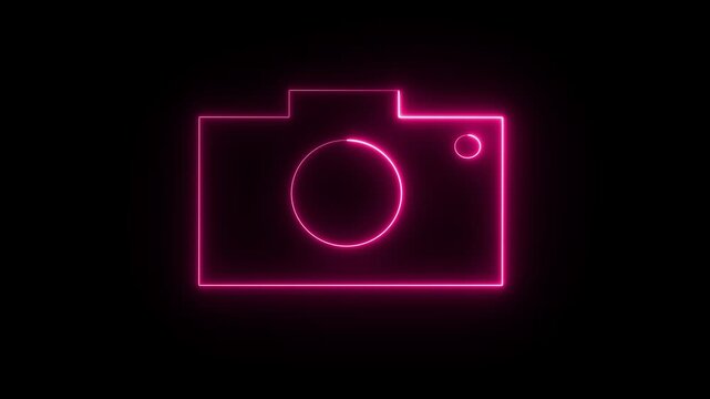 Neon camera icon animated on black background. Glowing neon camera sign, outline photo shooting pictogram.