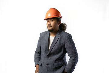 optimistic mens expressions and gestures thinking. stylish asian man with suit and orange helmet on white background. construction or mining business concept photo