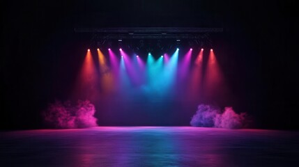 Bright stage lights illuminate a dark space, creating a vibrant and dynamic atmosphere for performances and events.