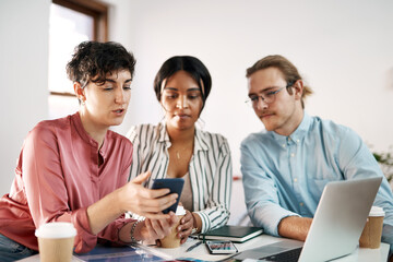 Phone, teamwork or designers in startup meeting for planning, project review or creative feedback....