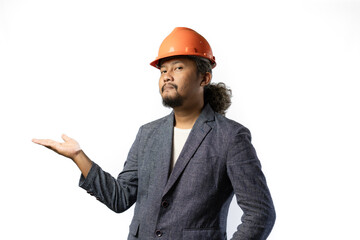 the happy expression of a boss. stylish asian man with suit and orange helmet on white background. construction or mining business concept photoonstruction or mining business concept photo